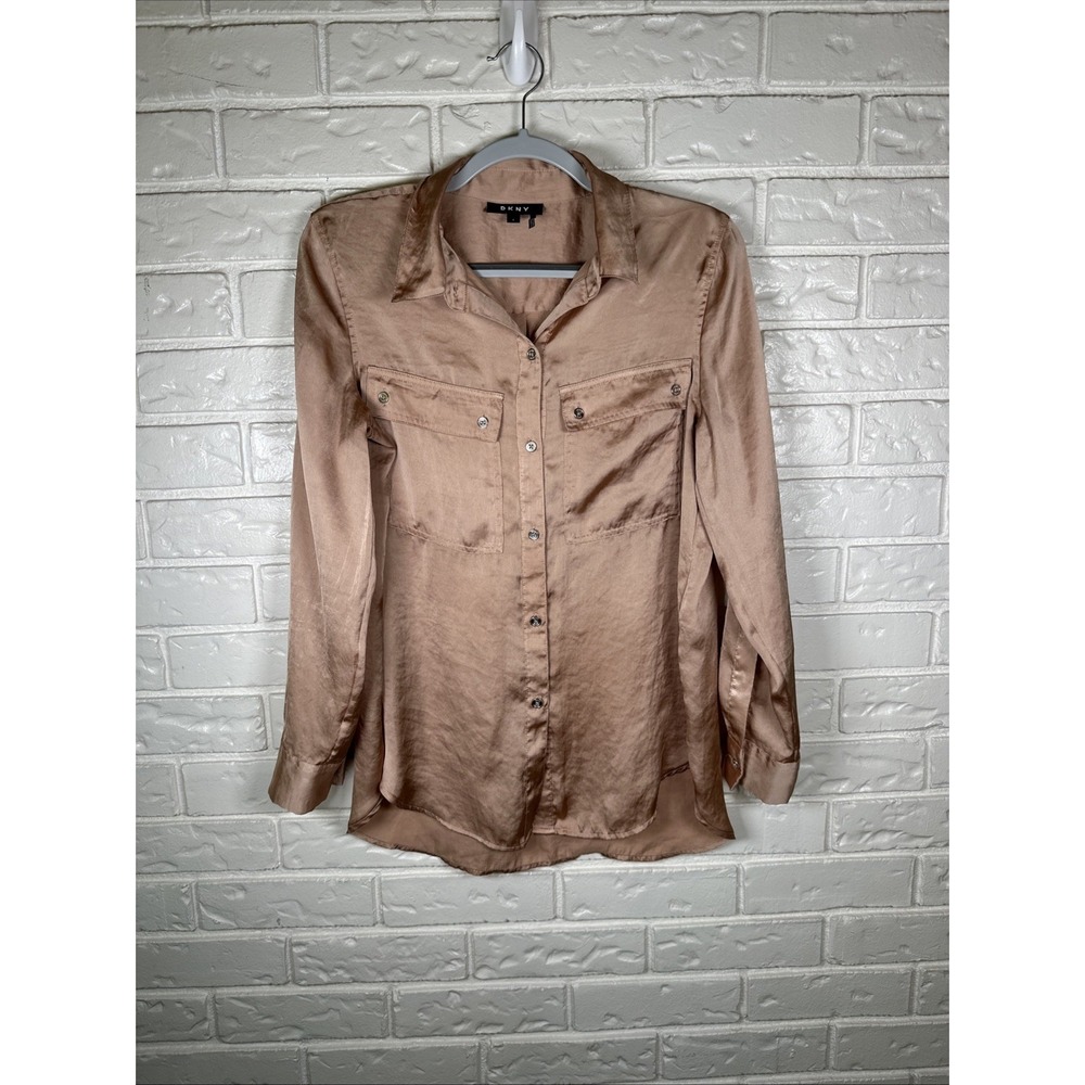 DKNY Small Champagne Satin Blouse Gossip Girl Quiet Luxury Button Up Top